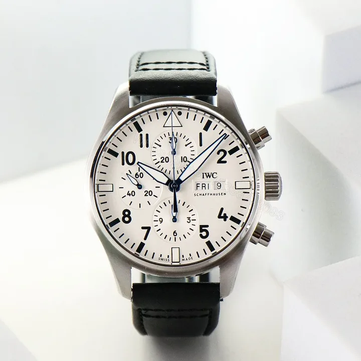 View 1 of IWC Pilot Chronograph White Replica 43MM Premium Steel Case Black Leather Strap Edition IWC-PILOT-CHR-WHT43-LTH