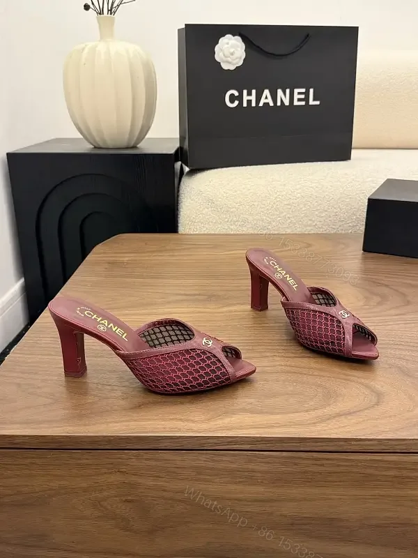 View 1 of Red Leather Mesh Heel Sandals Classic Chanel Style Mid Heel Sandal