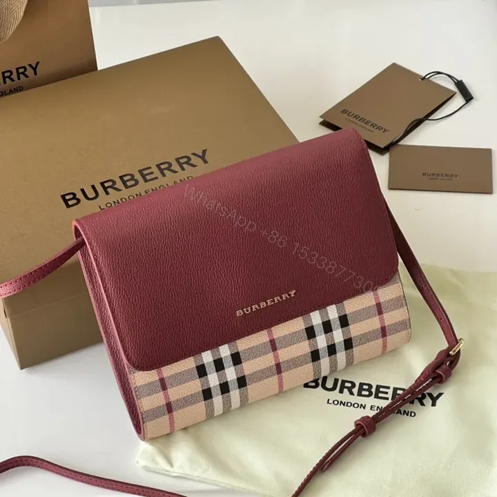 View 1 of Burberry Burgundy Leather Plaid Crossbody Bag with Gold Accent