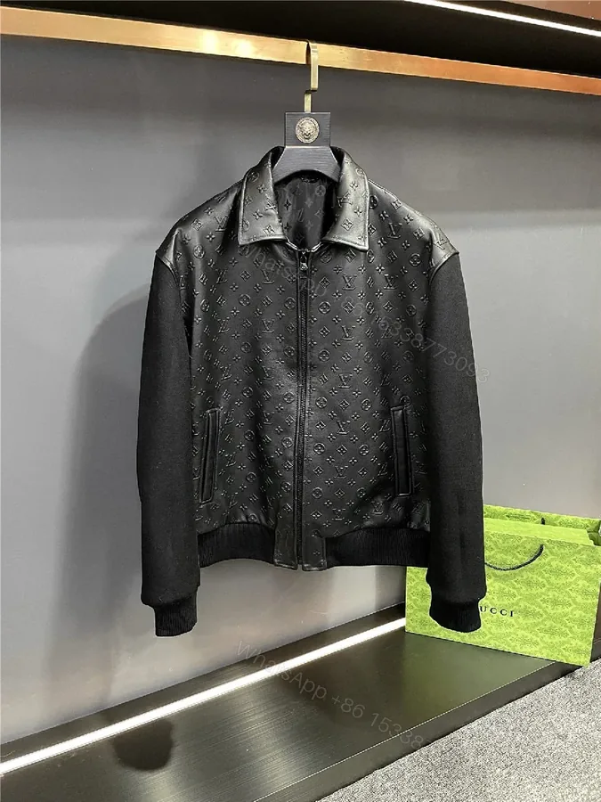 View 1 of Monochrome Leather-Embossed Varsity Jacket: Luxe Texture