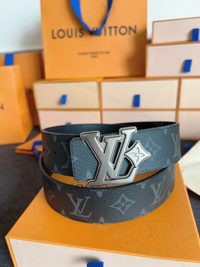 View 1 of Lux Slim LV-Pattern Belt: Monogram Leather, Silver Buckle, Modern Style