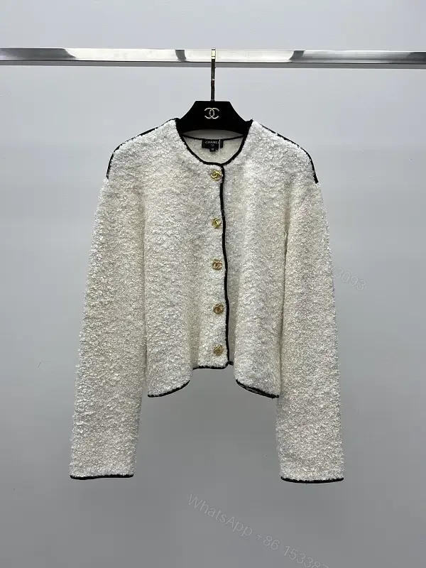 View 1 of Off-White Bouclé Cropped Jacket with Gold Button Trim