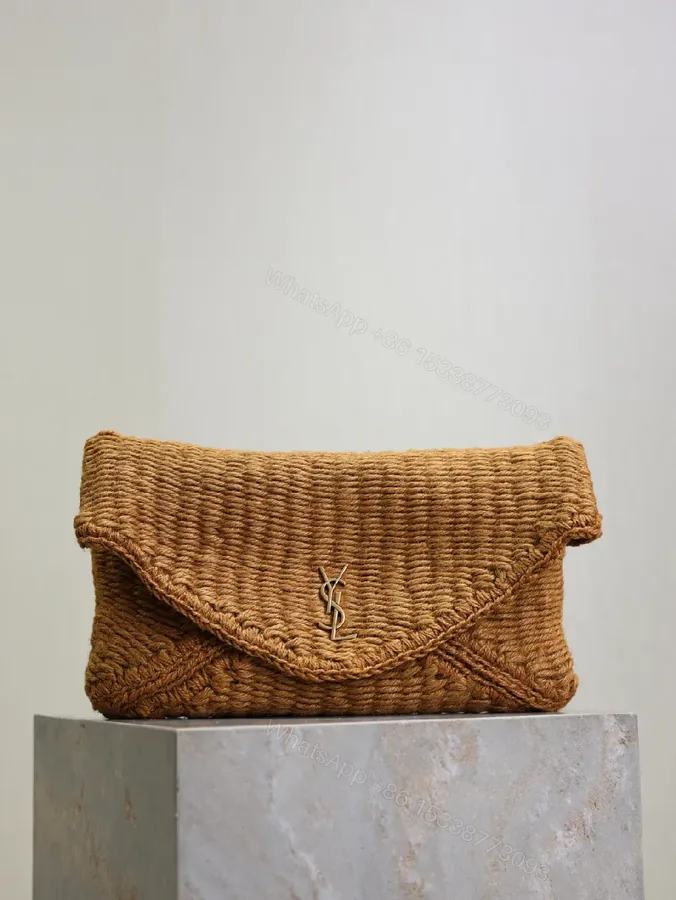 View 1 of Natural Raffia Clutch with Gold-Tone Logo Clasp