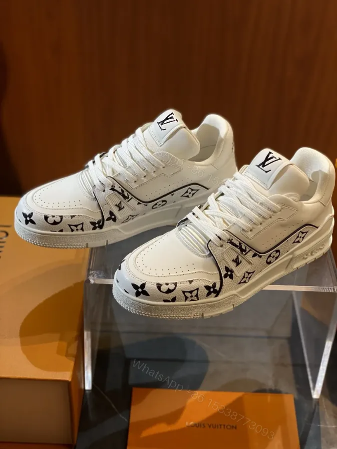View 1 of White Leather LV-Patterned Sneakers: Luxe Monogram Streetwear