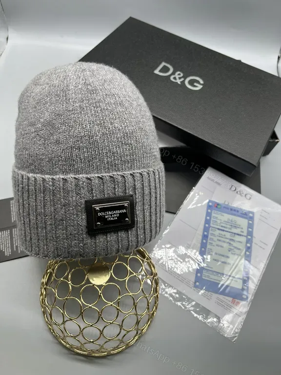 View 1 of Grey Knit Beanie with D&G Plaque â€“ Luxury Urban Style, Soft Warmth