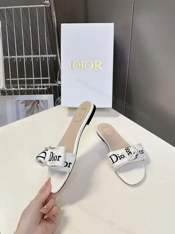 View 1 of White Satin Dior-Logo Slide Sandals