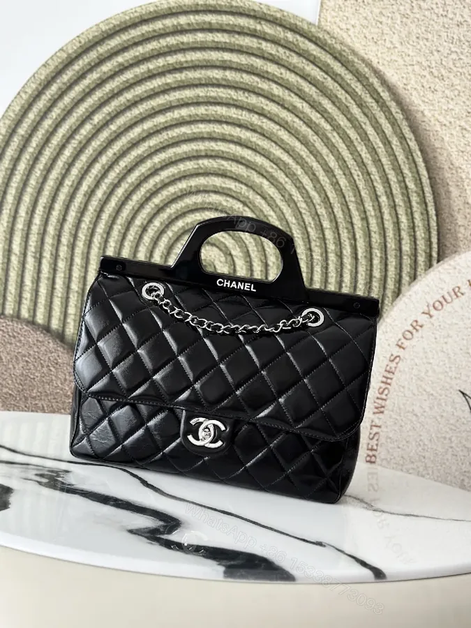 View 1 of Quilted Calf Leather Handbag: Modern Black Chain Capture