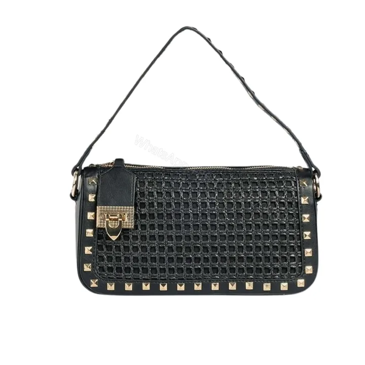 View 1 of VALENTINO GARAVANI ROCKSTUD RAFFIA SMALL CROSSBODY BAG BLACK 19CM