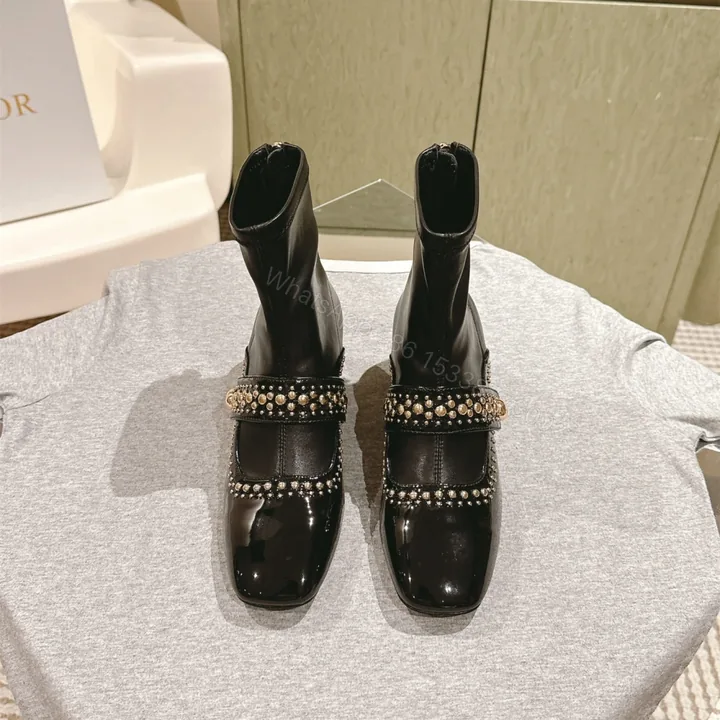 View 1 of 高仿Dior*Belle-D系列KCT065柳釘拉鏈短靴4CM黑色免檢版