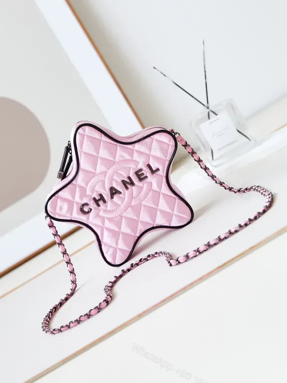 View 1 of Chanel-Inspired Star Shaped Pink Quilted Crossbody Bag