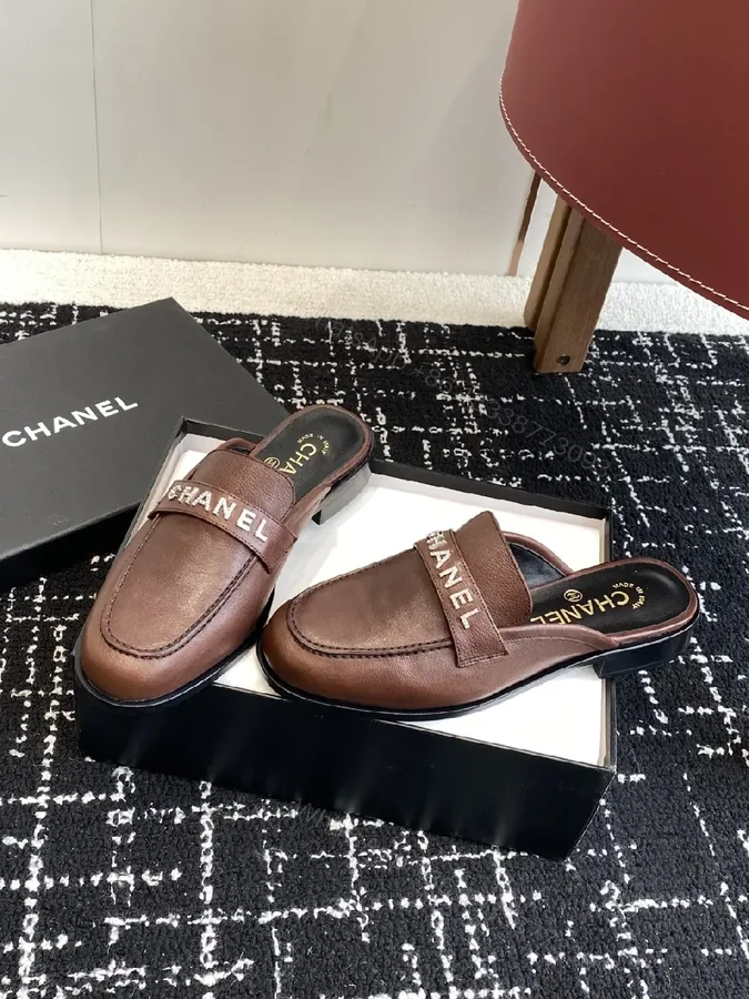 View 1 of Brown Leather Slides Luxury Open-Back with Logo Strap