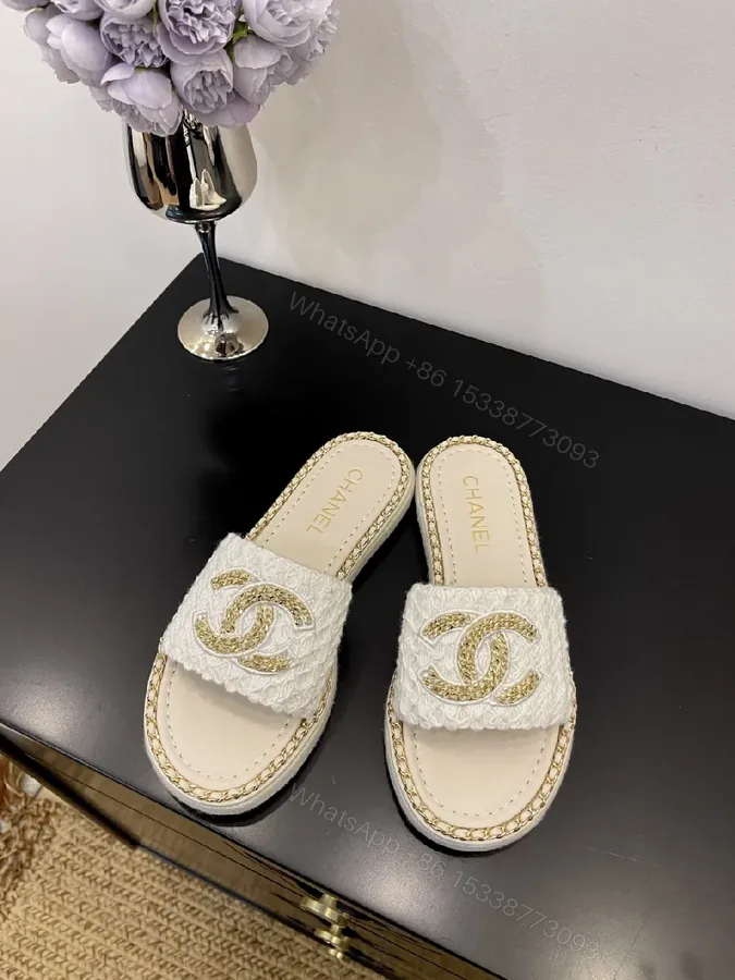 View 1 of White + Leather-like + Slip-On + Gold Chain Detail + Sandals