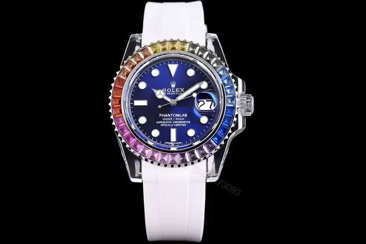 View 1 of Rolex Submariner Date Phantom Blue Rainbow replica 40MM White Rubber Strap Edition RLX-SUB-DATE-PHANTOM-BLUE-RAINBOW-40MM-WHITE-RUBBER-STRAP