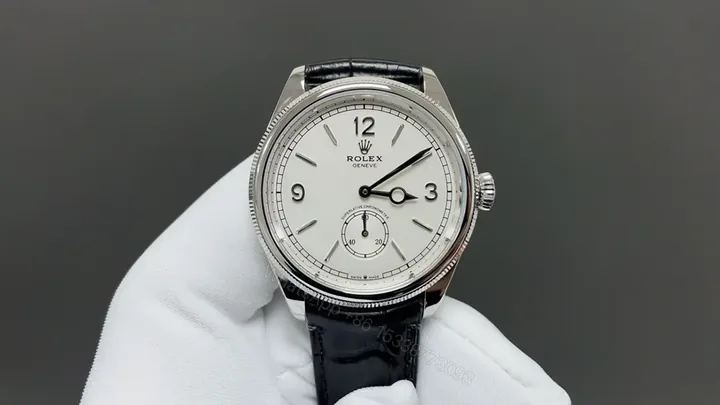 View 1 of Premium Rolex 1908 White Gold replica 39MM White Dial Black Leather Strap Edition RLX-1908-WHITE-GOLD-39MM-WHITE-DIAL-BLACK