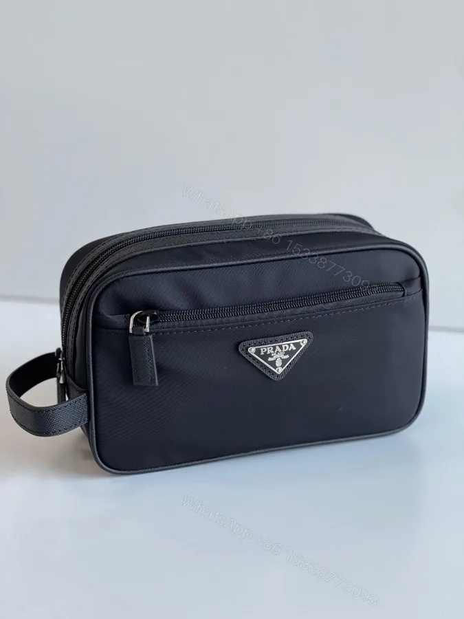 View 1 of Re-Nylon and Saffiano leather travel pouch Leather handle
