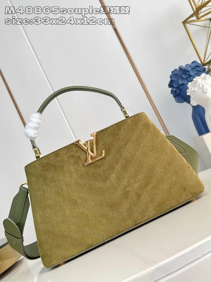 View 1 of Olive Suede Structured Handbag with Gold Accent