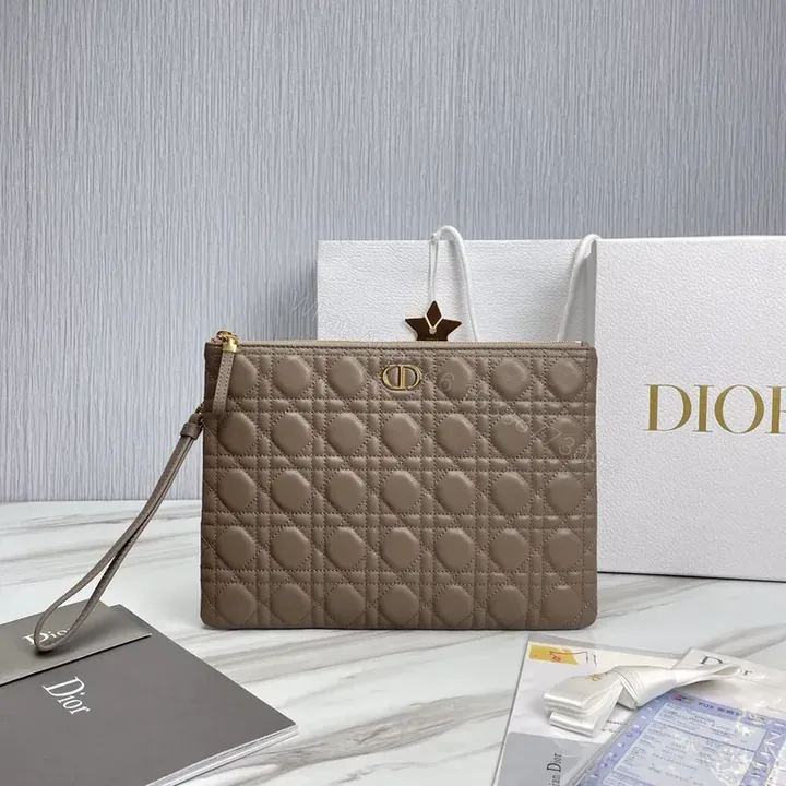 View 1 of Taupe Quilted Wallet-On-Chain: Leather, Dior Gold Emblem, Versatile Luxury