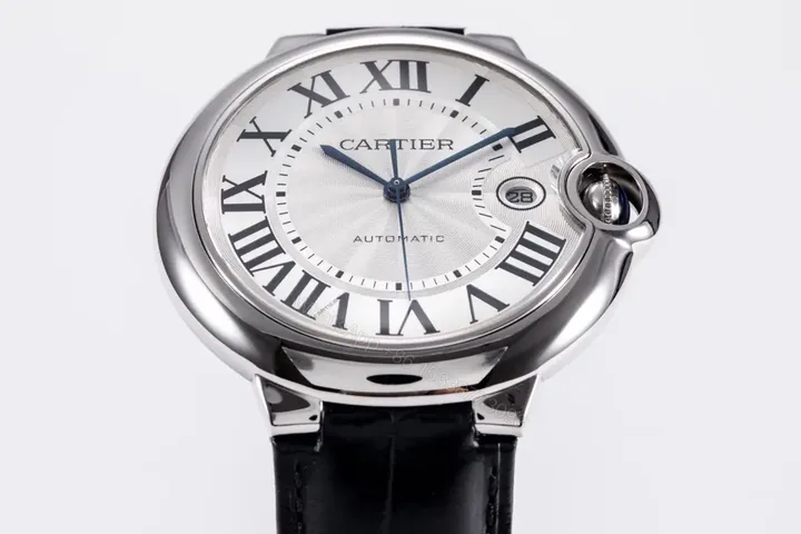 View 1 of V9 Factory Cartier Ballon Bleu 42mm Automatic Watch – Silver Dial with Black Leather Strap