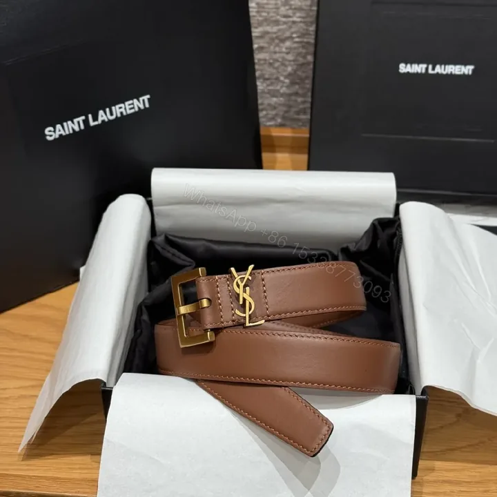 View 1 of Brown Leather Belt with Gold Logo Buckle—Versatile Luxury Accessory