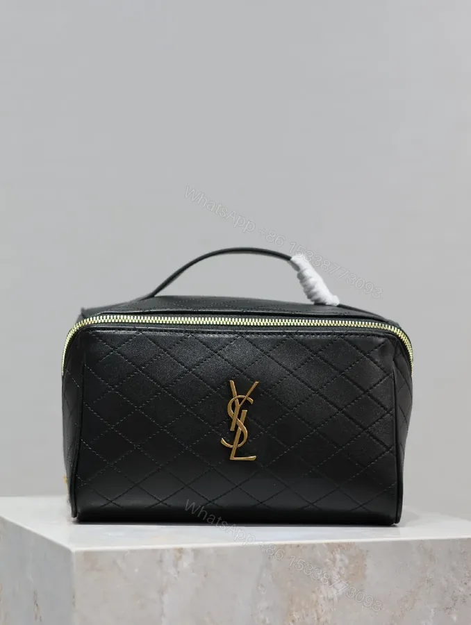 View 1 of Compact Black Quilted Leather Vanity Bag with Gold Monogram