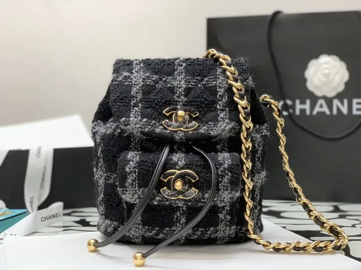 View 1 of Chanel-Inspired Plaid Knit Backpack with Gold Chain