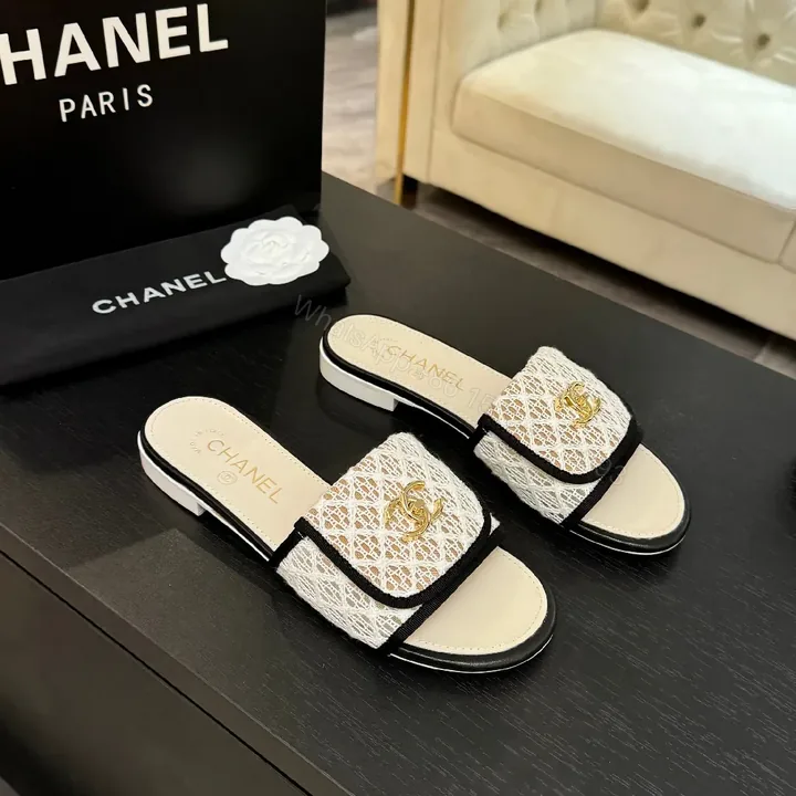 View 1 of Lace-Textured Slide Sandals with Gold Emblem, Open-Toe, Luxury Style