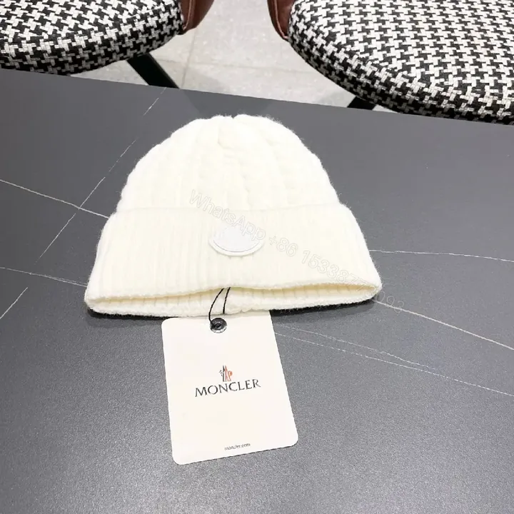 View 1 of White Knit Beanie: Premium Ribbed Cuff, Luxury Badge, Warmth