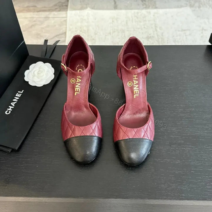 View 1 of Two-Tone Burgundy Quilted Mary Jane Heels with Black Cap Toe