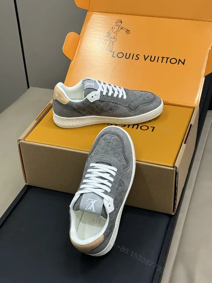 View 1 of Grey Suede Knit Sneakers - Subtle LV Texture, Cushioned Comfort