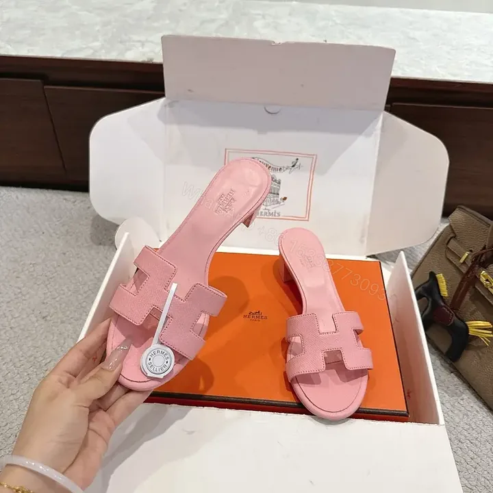 View 1 of Pink Leather H-Style Slide Sandals, Hermès-Inspired, Classic Platform Slide