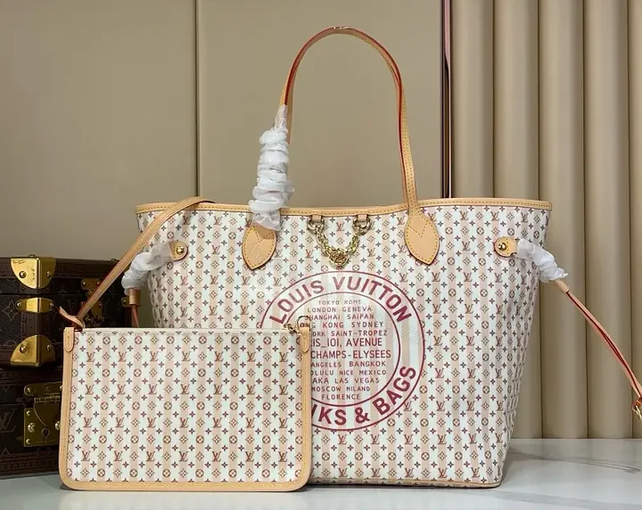 View 1 of White Tote Bag with Brown Trim and LV Monogram Details