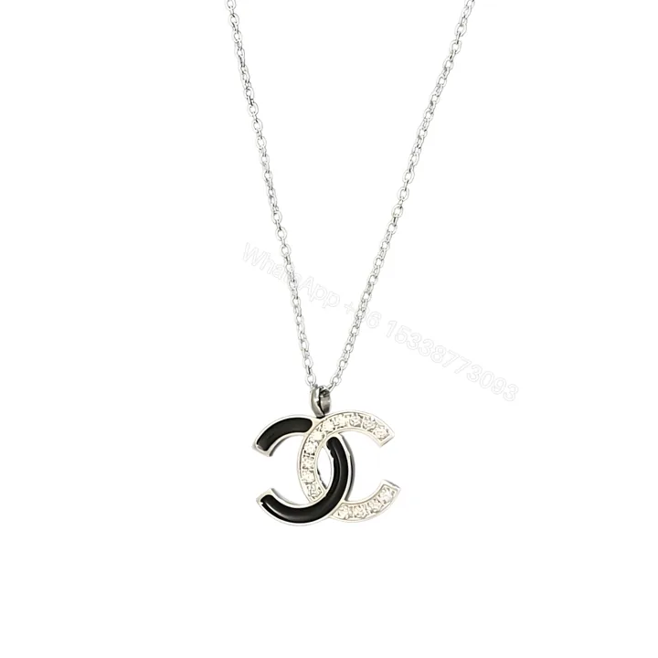 View 1 of Chanel Cc Logo Pendant Necklace White Stones And Black Enamel Silver