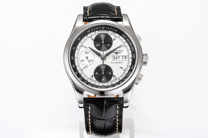 View 1 of Longines Classic Re Edition Men’s Watch Black and White Dial 40mm Stainless Steel Case Black Leather Strap Automatic 7750 Movement