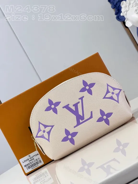 View 1 of Designer Monogram Pouch: Cream Pebble-Grain, Lavender LV-Inspired, Compact Luxury