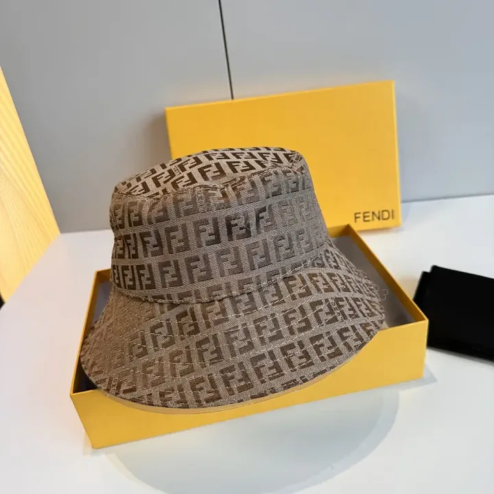 View 1 of Beige/Brown Quilted FF Pattern Bucket Hat with Brim
