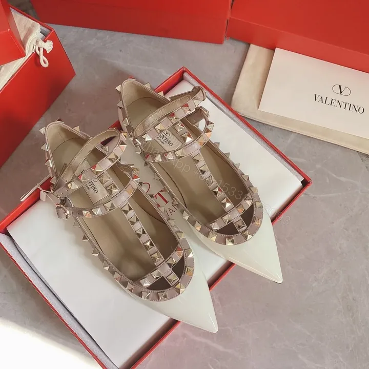 View 1 of Valentino Women White Patent Leather Studded Flats