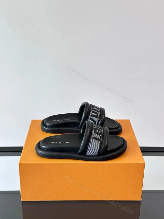 View 1 of LV Men Black Fabric Strap Slide Sandals