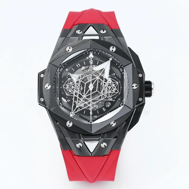 View 1 of Hublot Big Bang Sang Bleu Replica 45MM Premium Black Ceramic Red Rubber Strap Edition RG-HUBLOT-SANGBLEU-RED-45