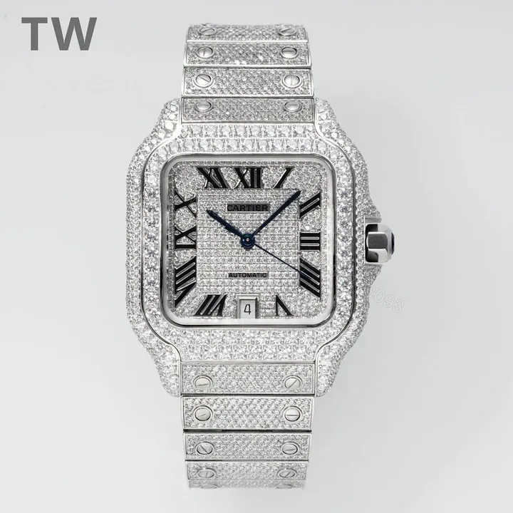 View 1 of TW Factory Cartier Santos Large Diamond Bezel Full Diamond Set Watch – Silver with Blue Hands, Automatic Movement, 40mm Stainless Steel Case, Sapphire Crystal, QuickSwitch Strap System