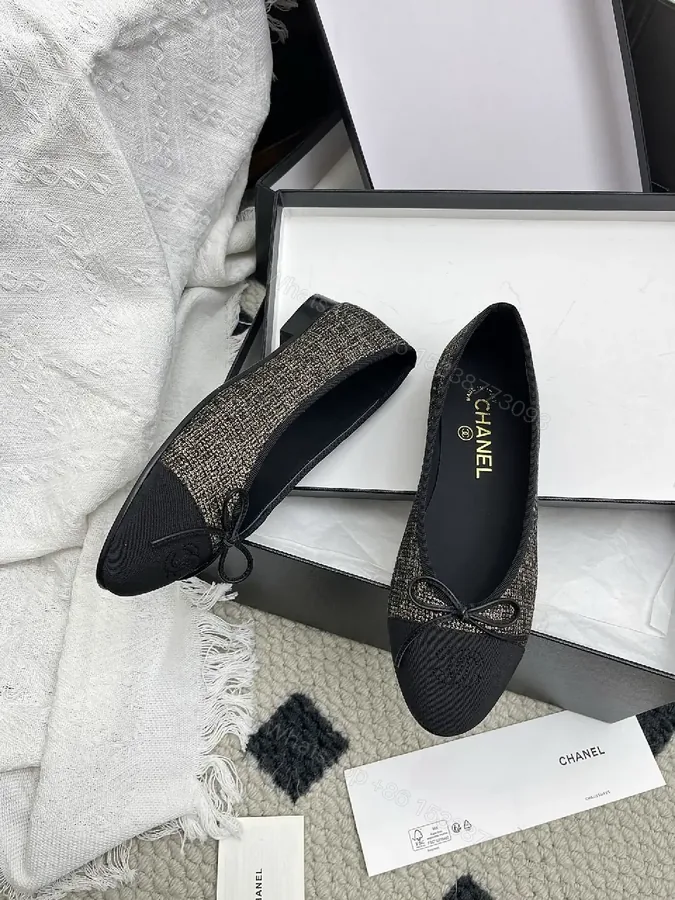 View 1 of Tweed-Textured Flats with Black Cap Toe - Ballet Style, Bowed Details