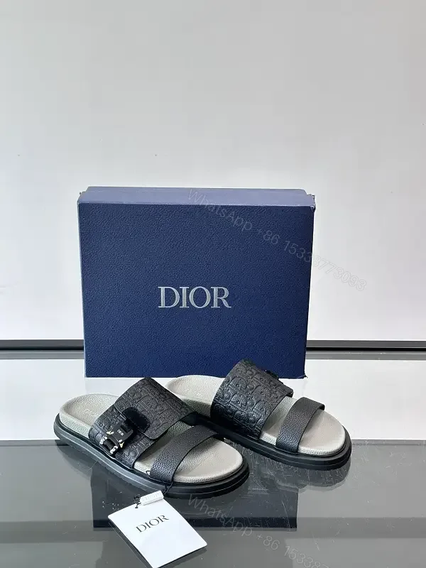 View 1 of Black Leather Dior Sandals with Buckle Feature Sliders