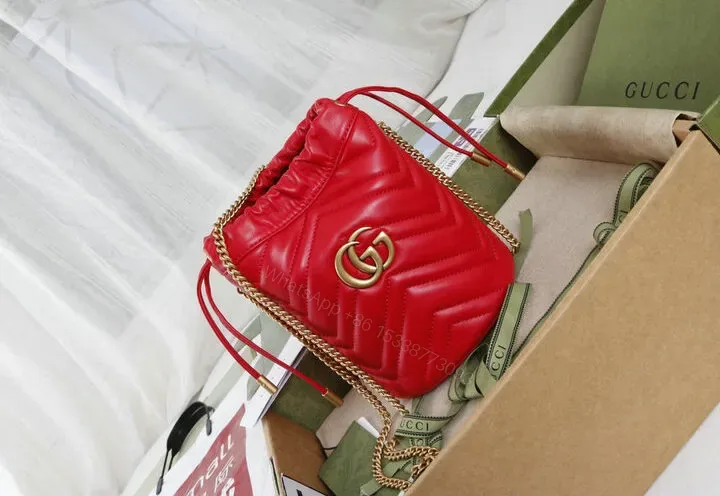 View 1 of Gucci Red Matelassé Leather Mini Bucket Bag 575163