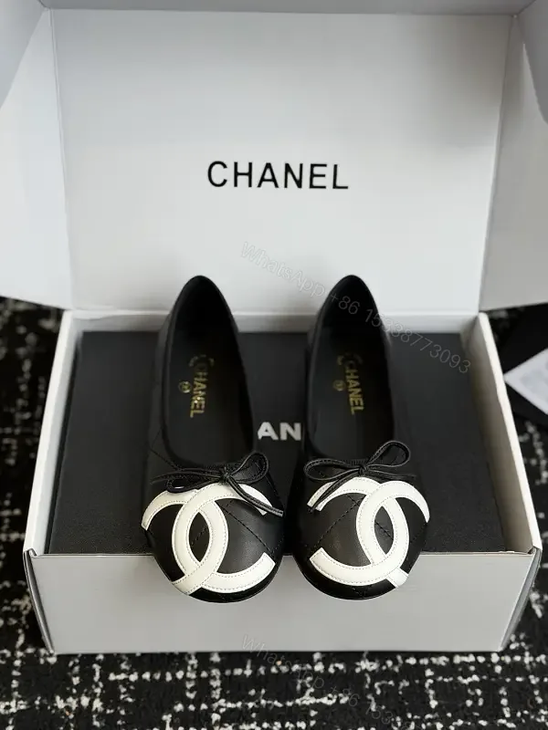 View 1 of Black White Leather Bow Ballet Flats, Classic Chanel Style, Flat Shoes