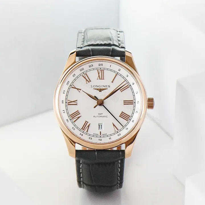 View 1 of Longines Master Classic Reproduction GMT Dual Time Watch Rose Gold with White Dial Roman Numerals and Grey Italian Leather Strap