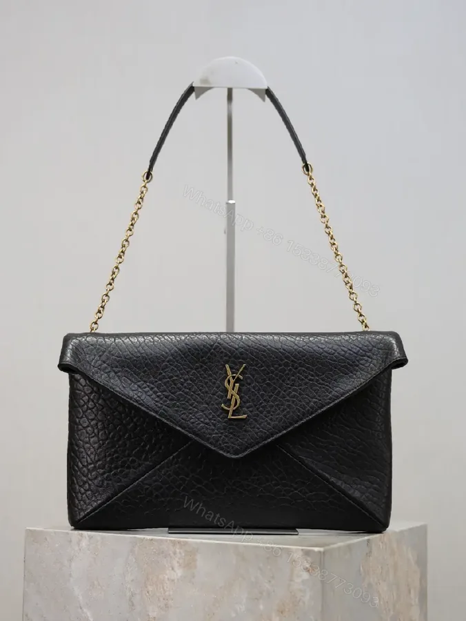 View 1 of Pebbled Leather Envelope Flap Bag, Gold Logo, Day-to-Night Versatility