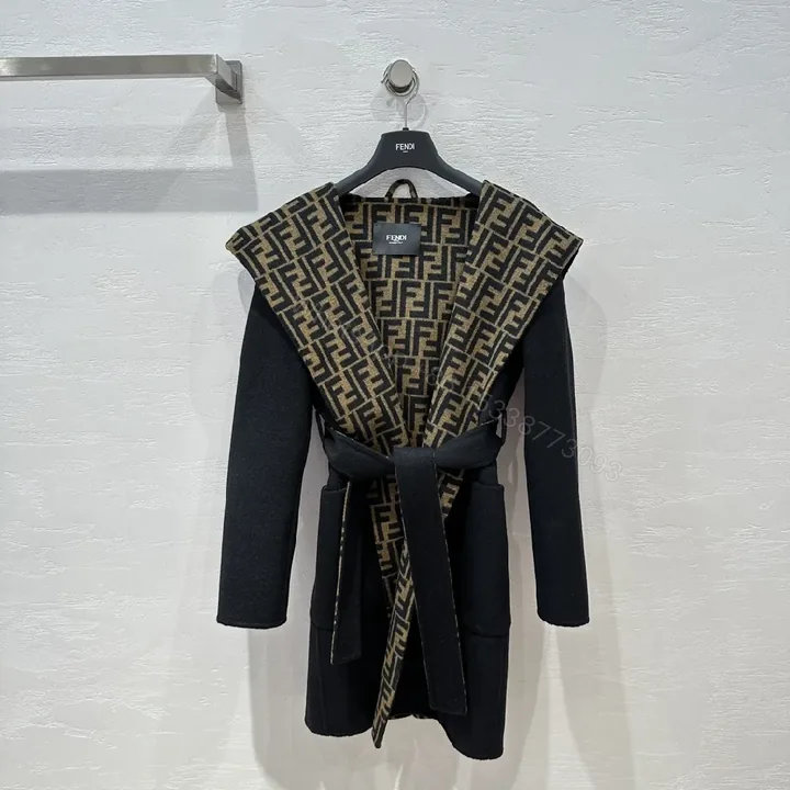 View 1 of Bold Wool-Blend Wrap Coat with Logo-Pattern Overlay