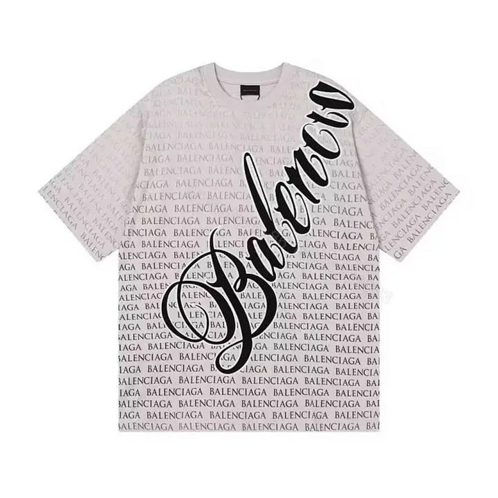 View 1 of Bold Monogram Tee: White Cotton with All-Over Black Script Pattern
