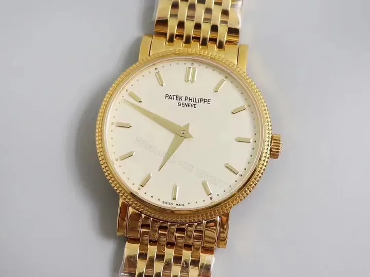 View 1 of Patek Philippe Calatrava 5120G Gold Watch with White Dial Roman Numerals and Baton Hands Ultra Thin Design with Italian Leather Strap