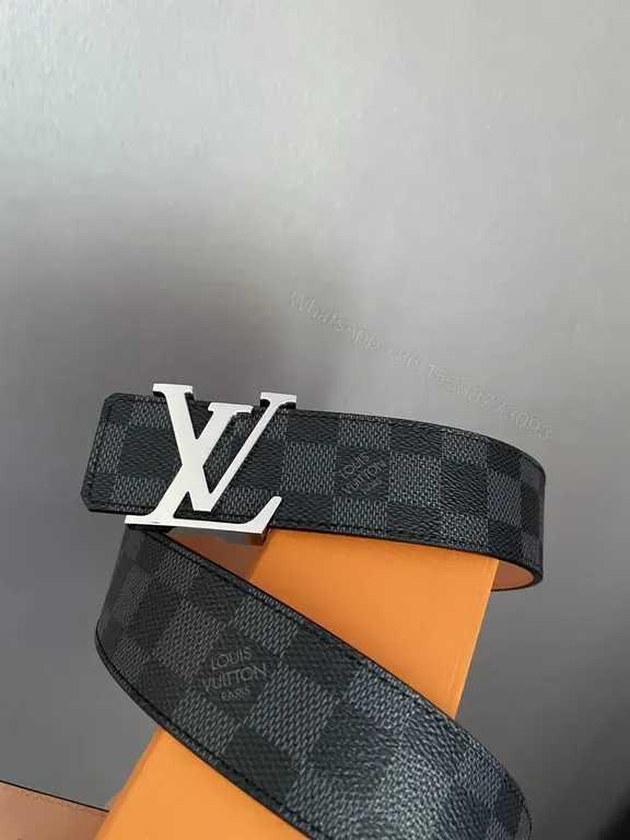 View 1 of Checkerboard LV-Style Belt: Charcoal Leather with Signature Buckle