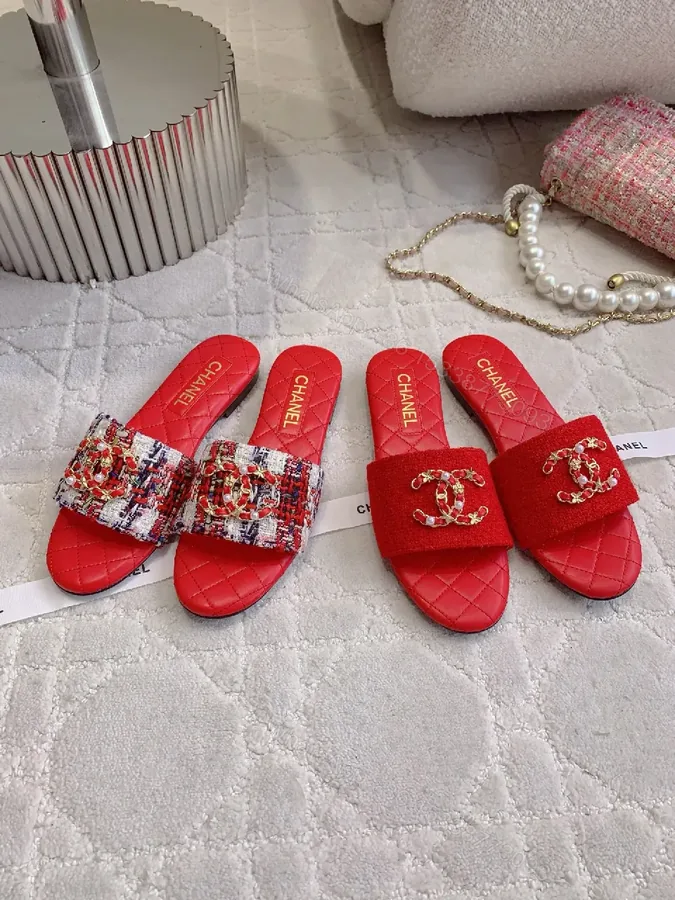 View 1 of Red Textured Slides with Logo Straps, Luxury Chic Slip-Ons